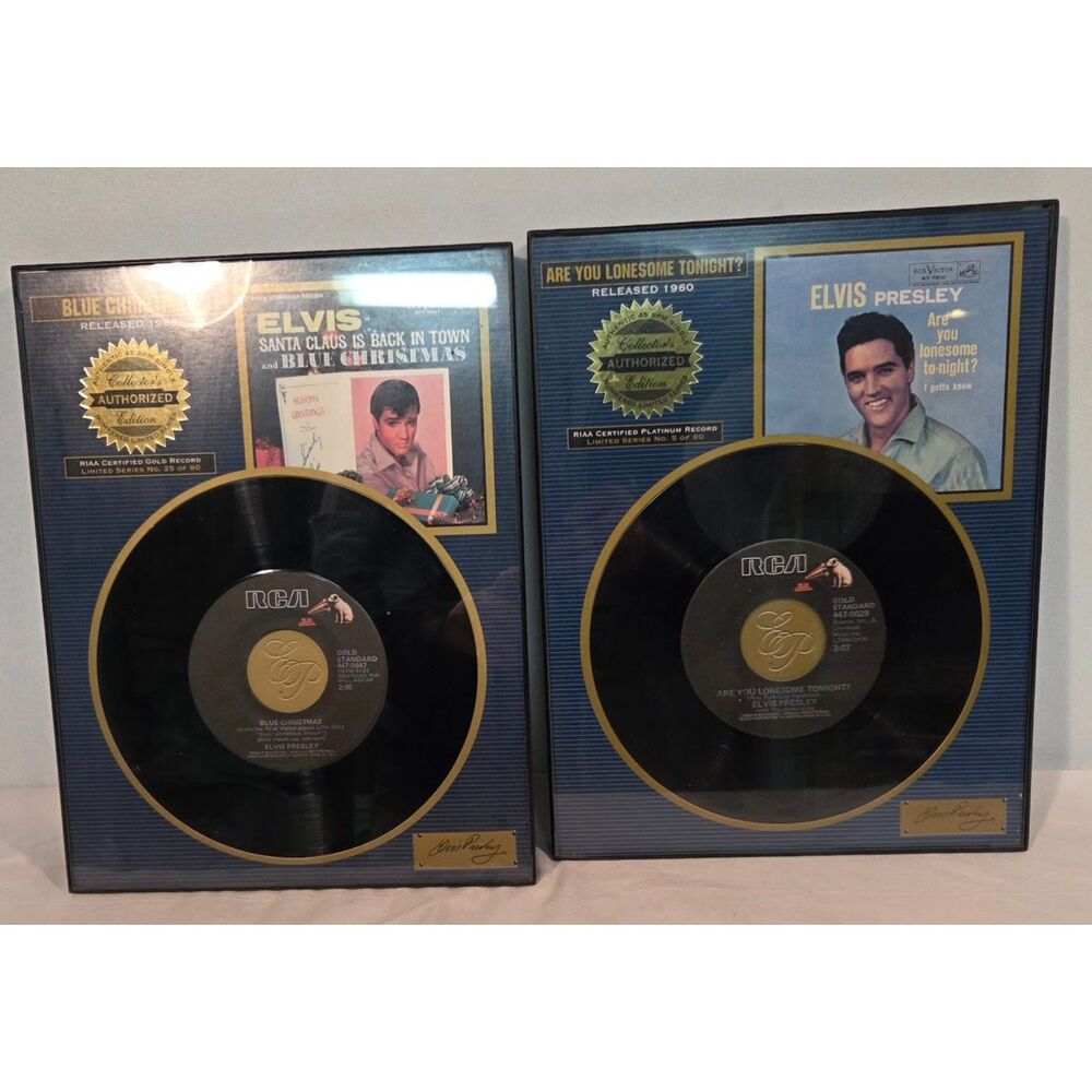 Elvis Presley Framed Gold Record Plaques Blue Christmas & Are You Lonesome
